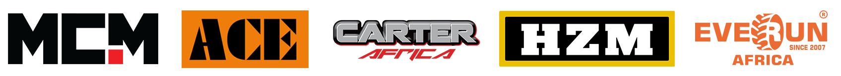 MCM Rentals equipment brands — MCM, ACE, Carter Africa, HZM, Everun Africa, LGMA, Auster, AEROBS, E-TED, MB Crusher, Yuchai